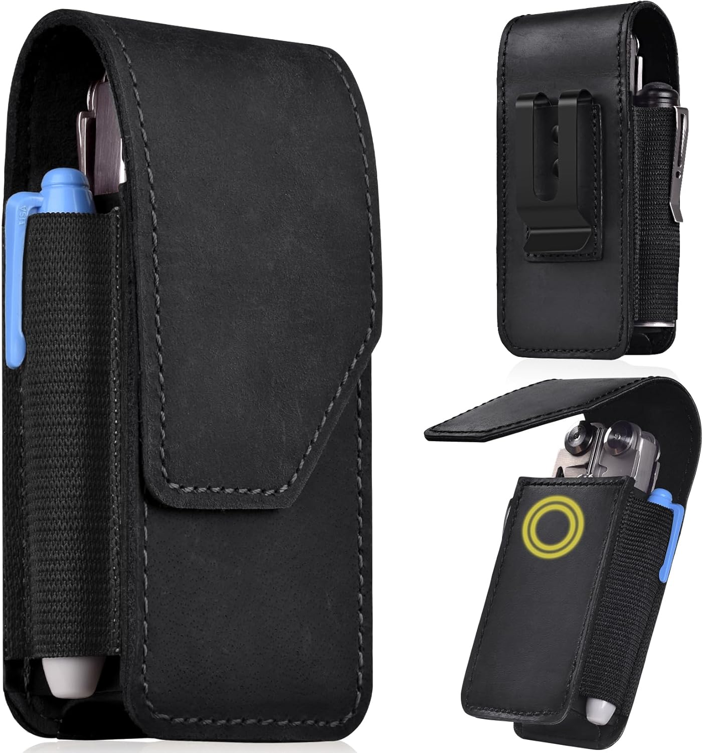 Black Leather Multitool Sheath Compatible with Leatherman Wave Plus Wingman Surge Rebar Multi Tool Holster with Belt Clip