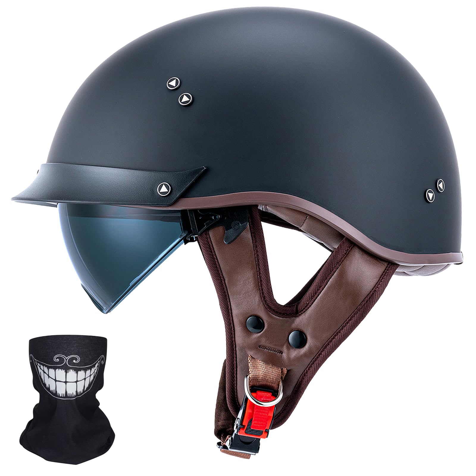 VCOROS Half Helmet Motorcycle DOT Approved Open Face Helmet with Sun Visor and Quick Release Buckle for Adults Men and Women(F07A Matte Black,M)