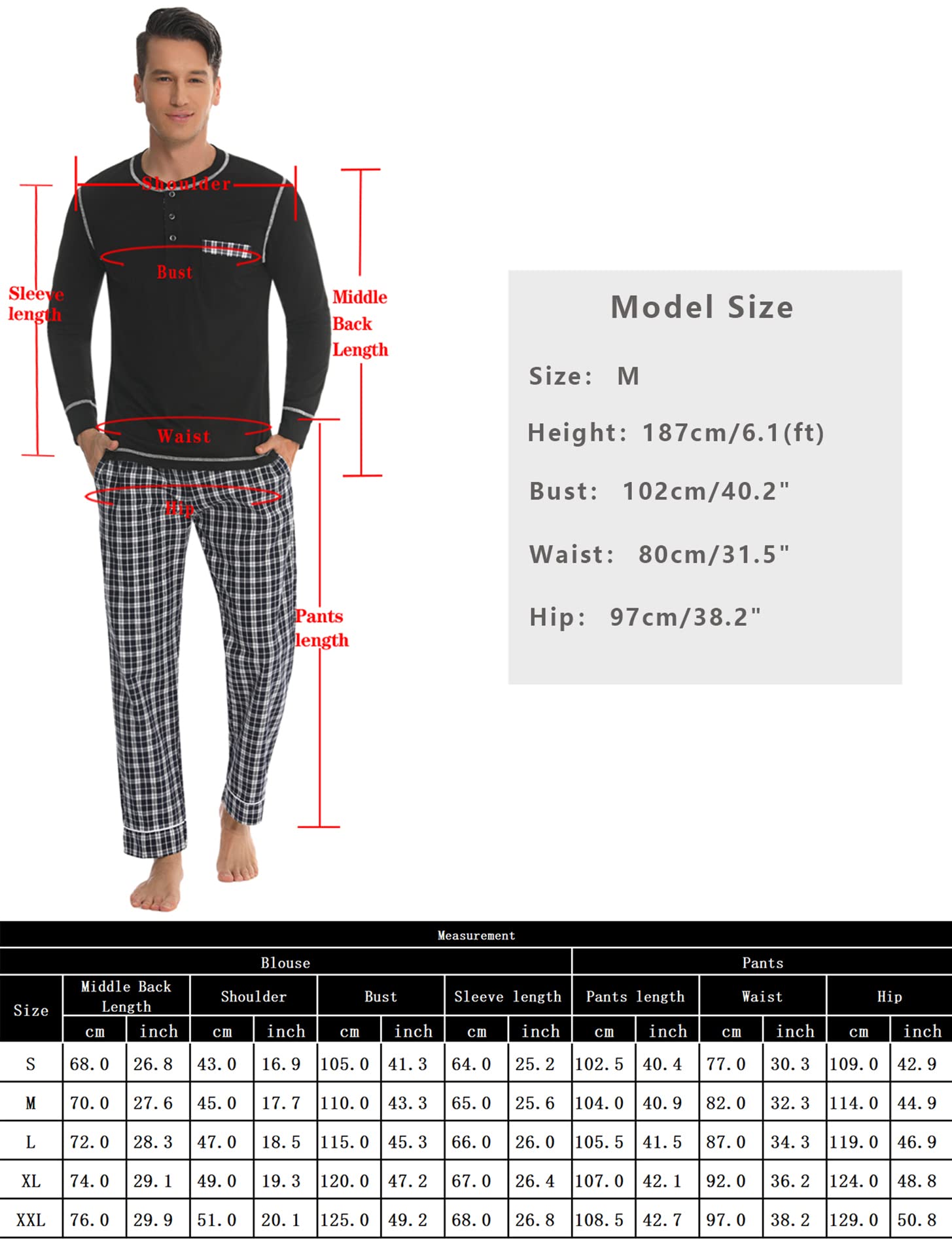 Litherday Pyjama Homme Hiver Ensemble de Pyjama Coton à Carreaux Vêtements De Nuit Automne à Manches Longues Haut et Pantalon Pyjama Sets
