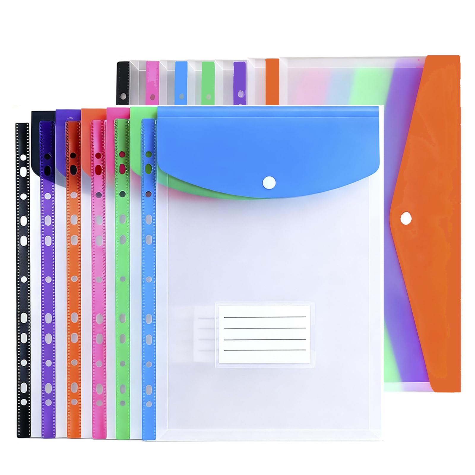 12 Pack Expandable Punched Pockets, Plastic Wallets, A4 Punched Pockets, Document Files with Button and Label Pocket for School Home Office 6 Colors