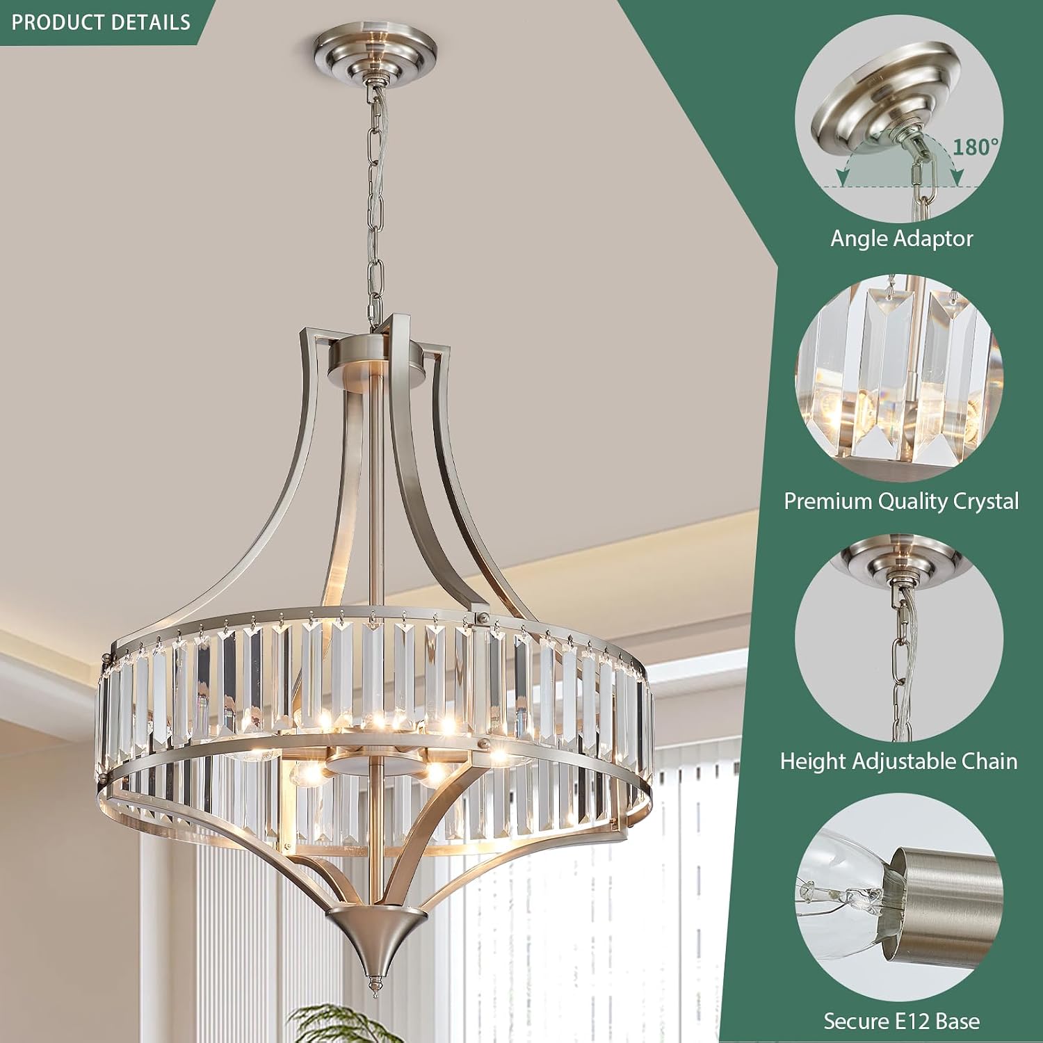 Modern Crystal Chandelier Brushed Nickel, 6-Light Round Pendant Lighting Fixtures, 21.6" Height Adjustable Ceiling Light for Living Room, Kitchen, Dining Room