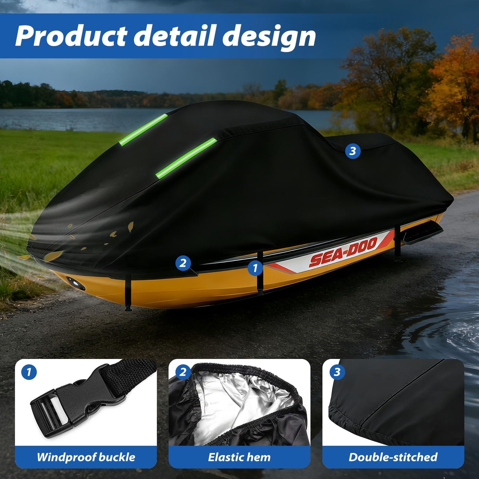 Housse Jet Ski Imperméable pour Sea-Doo GTX Limited 300|Housse de Jet-Ski Oxford Anti-UV pour extérieur | Protection Durable Tout Temps | Installation Facile | 3 Boucles Coupe-Vent