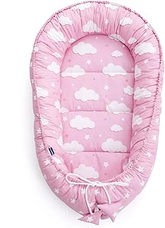 MayaMila Nid de bébé 3 pièces 100 % coton Lit de voyage pour bébé 95 x 60 x 15 cm Insert amovible Coussin Schmeterrling by MayaMila (nuages blancs avec minky rose clair)