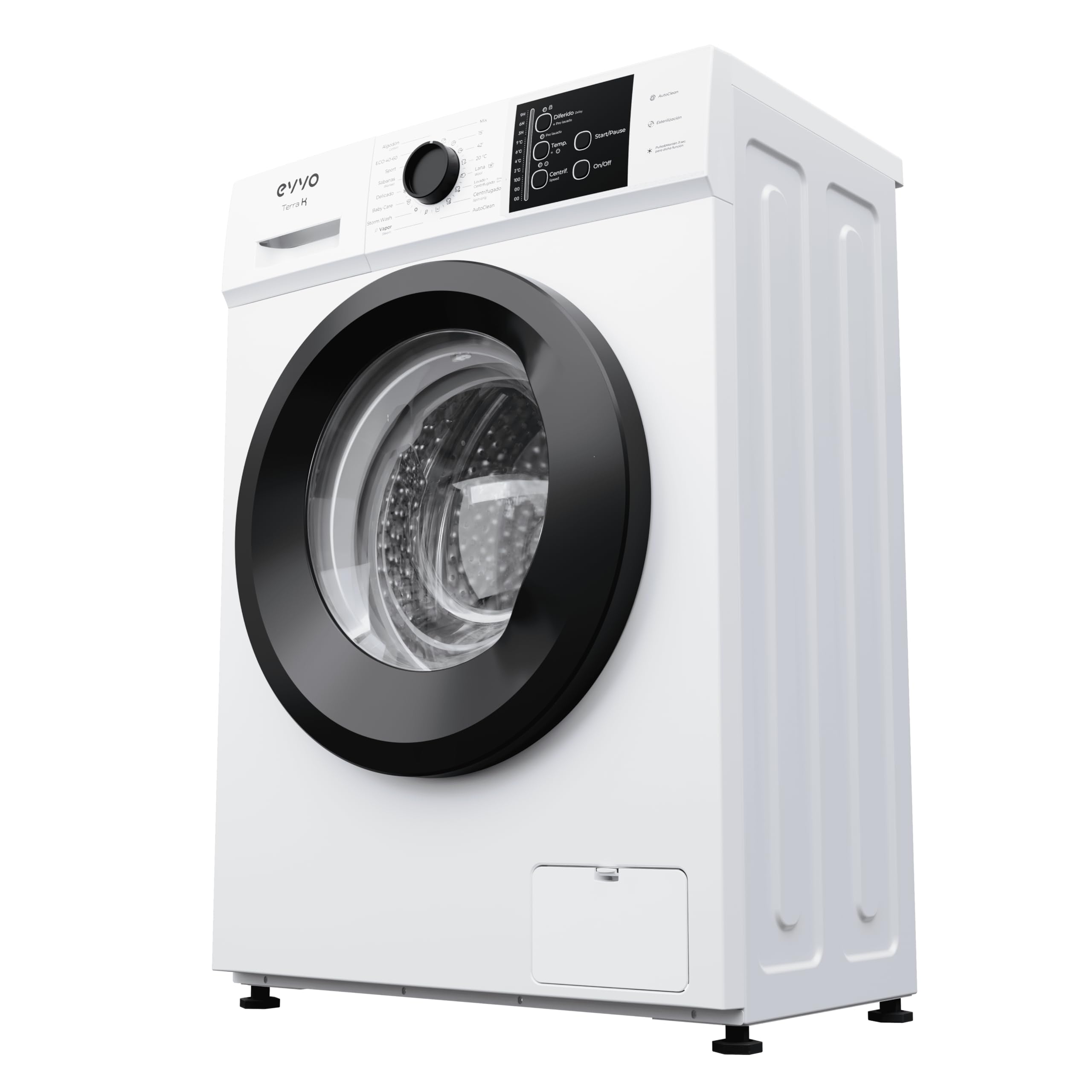 EVVO Lavadora Carga Frontal TERRA K7 - Lavadora Eficiencia Energética A, Motor eDRIVE Inverter, Función Vapor, 1000-1200 RPM, 16 Programas, Lavado Rápido, Limpieza de Tambor, Fondo Estrecho 44 cm