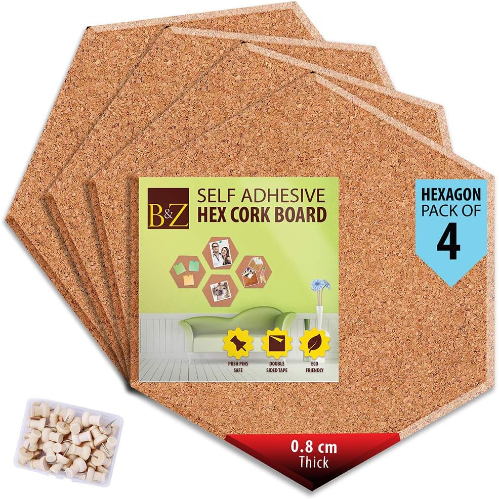 B&Z Self Adhesive Sticky Cork Board Hexagon Tiles Mini Wall Bulletin Boards Pin Message Notice Board Office Memo School Pinboard Wooden Push Pin Hexagon Rounded Curves (30cm X 26cm X 0.8cm) (12 - View #4