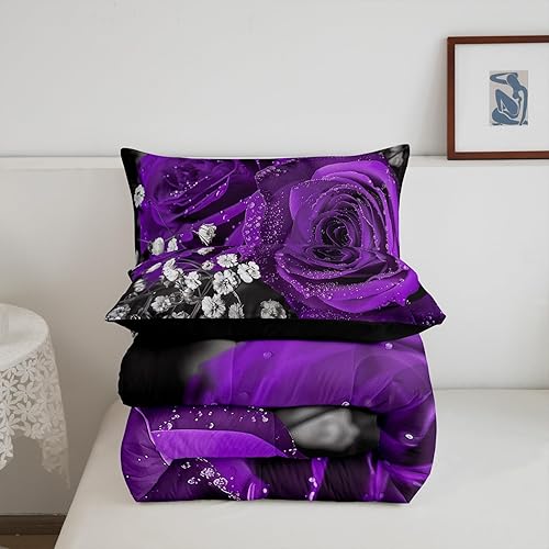 Miniatura 6 de Juego de edredón floral morado, 3 piezas, romántico juego de ropa de cama con rosas moradas para niñas, niños, mujeres y hombres, elegante edredón