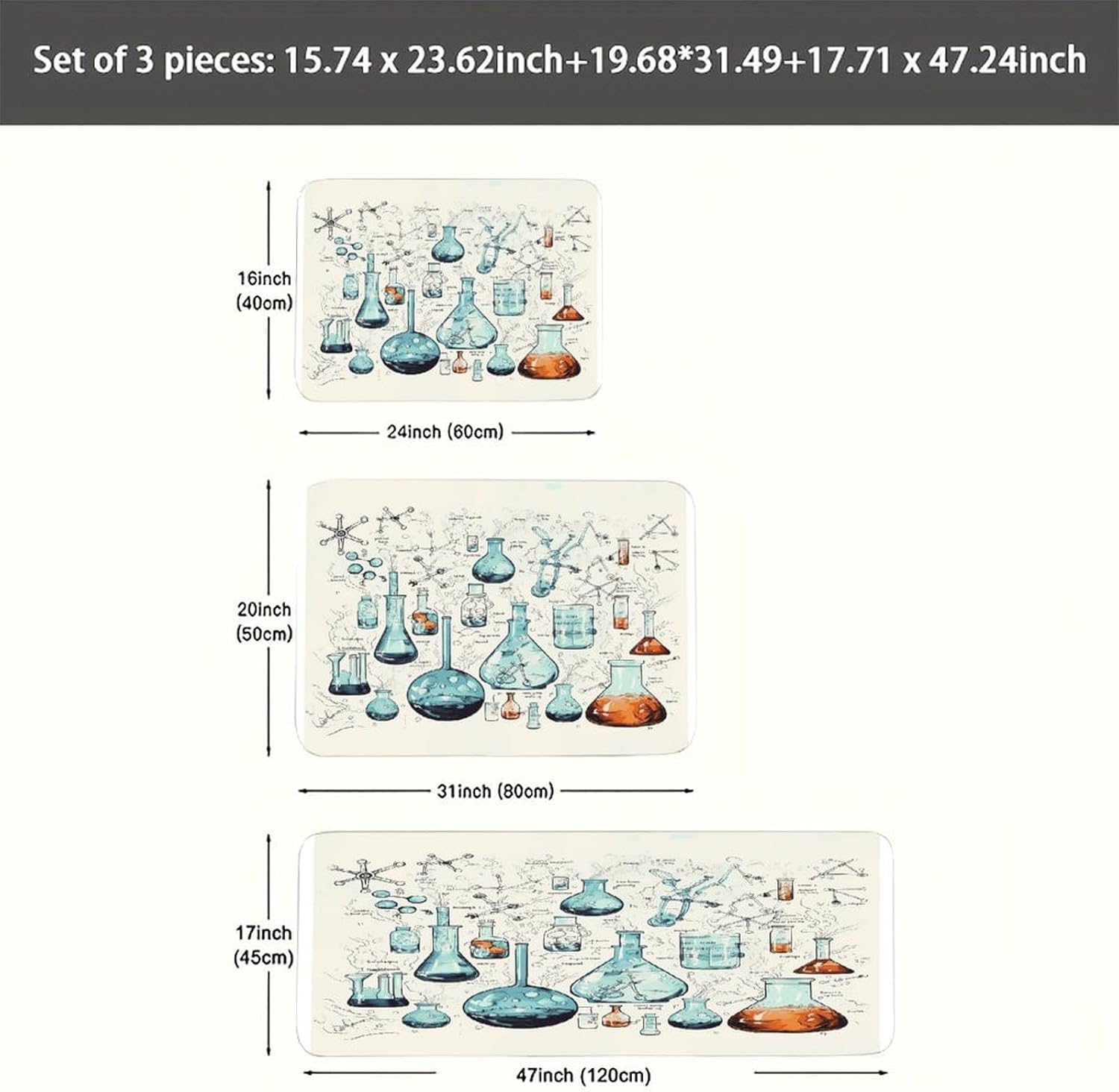 Chemistry Print Kitchen Mat Set of 3 Waterproof Floor Mats Non-Slip Kitchen Rugs Premium Flannel Rug Heavy Duty Standing Mat for Kitchen Home Bathroom Laundry