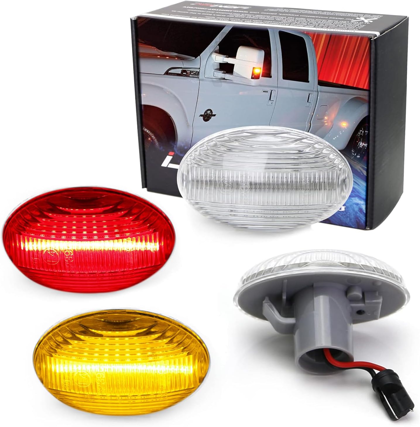 iJDMTOY Clear Lens Amber/Red Full LED Trunk Bed Marker Lights Set Compatible With 1999-2010 Ford F350 F450 Super Duty Truck Double Wheel Side Fenders, Powered by Total 48 LED