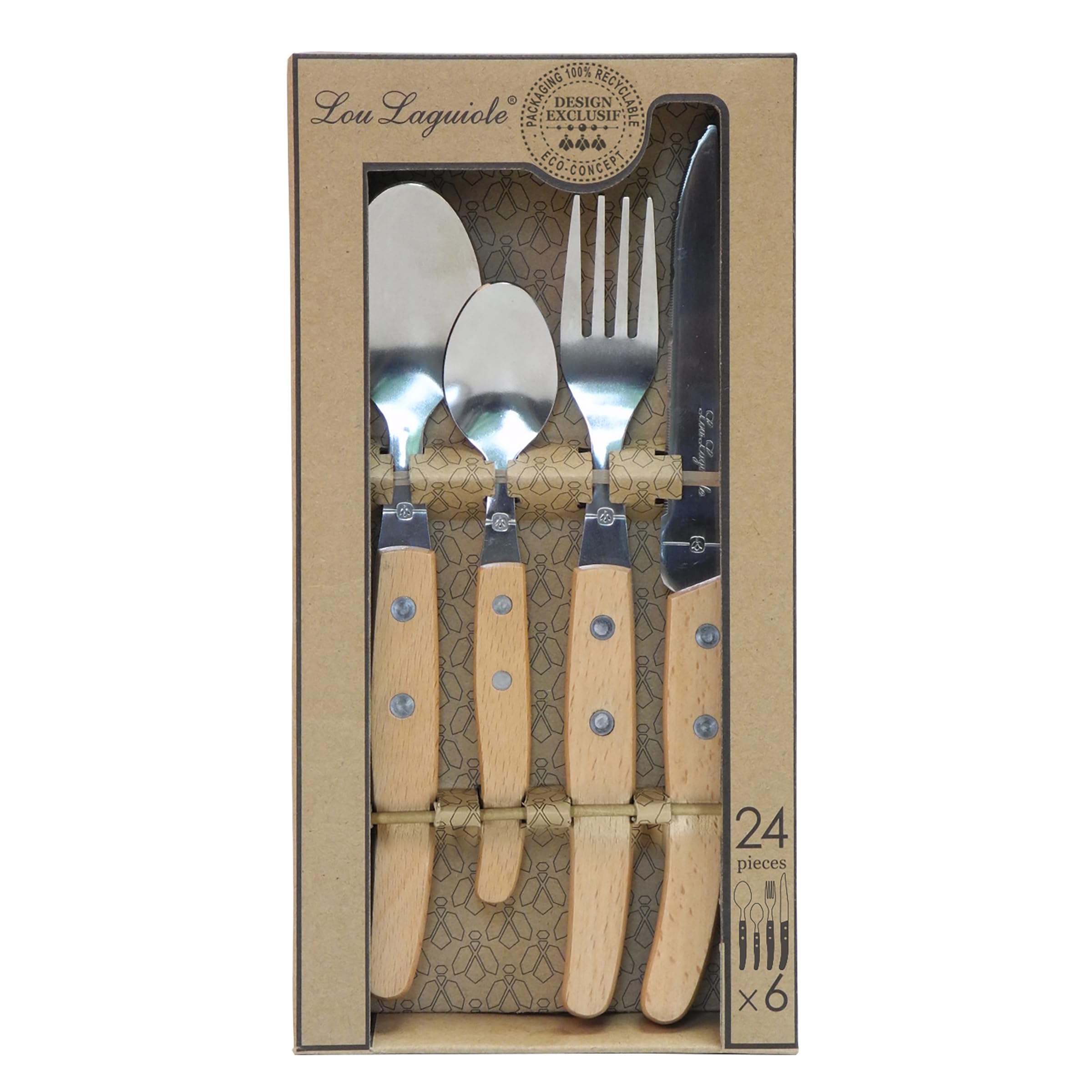 LOU LAGUIOLE Canopée Ménagère 24 couverts Acier Inox Pour 6 personnes, Bois