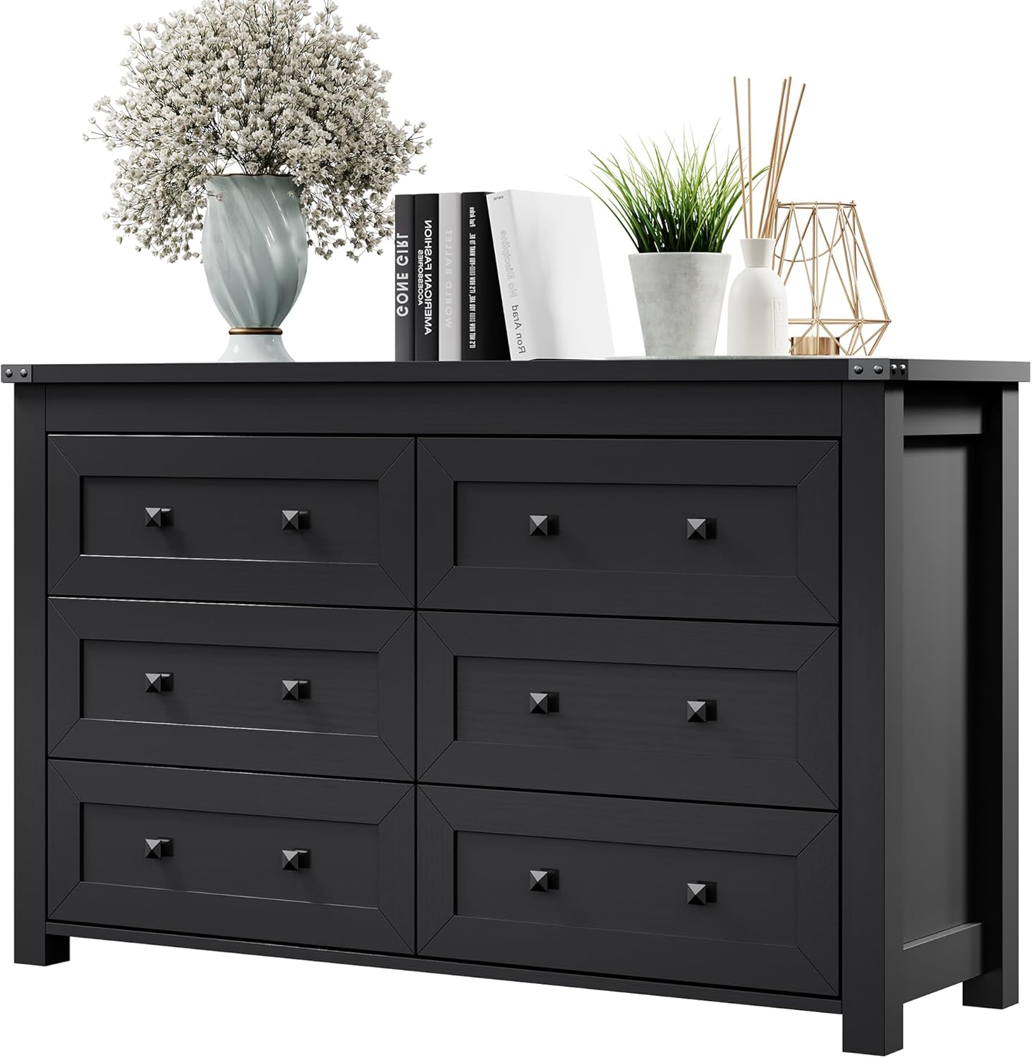 Dresser for Bedroom with 6 Drawers, Farmhouse Wood Chest of Drawers, Wide TV Stand Closet Storage Furniture with Metal Handle, Modern Clothes Organizer for Hallway, Living Room, Entryway, Black