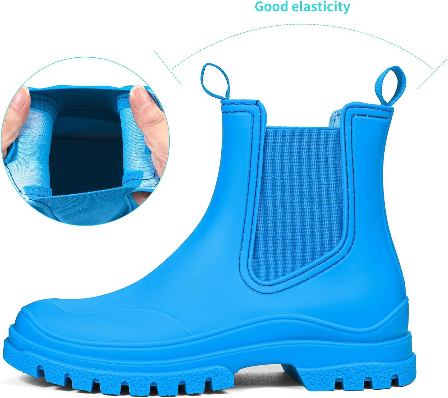 DKSUKO Women's Short Rain Boots Rubber Waterproof Garden Boots Elastic Slip On Ankle Chelsea Boot Fashion Insulated Rain Shoe for Outdoor Work Thick Sole (6 B(M) US, Lake blue) - Image 5
