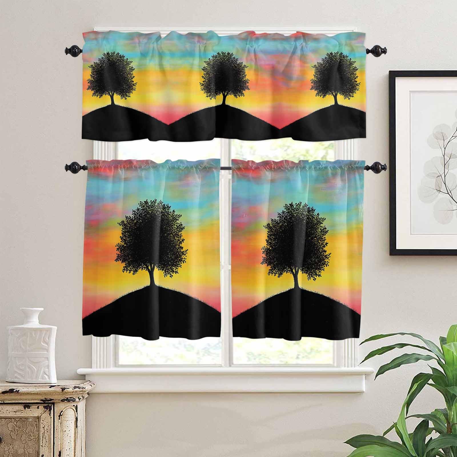Mountain Tree Silhouette Kitchen Curtains 36 Inch Length, 3 Piece Rod Pocket Small Half Tiers and Valance Set, Orange Blue Sky Watercolor Small Large Window Treatment Decor for Bedroom/Bathroom Sink