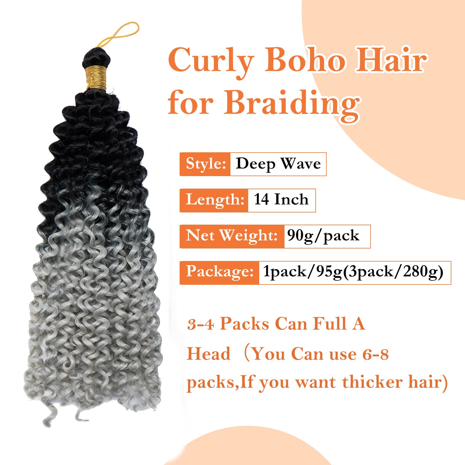 S-noilite Curly Braiding Hair,Marlybob Crochet Braids Hair Extensions 14 Inch Deep Wave Afro Kinky Jerry Curl Pre Stretched Ombre Braiding Hairpiece for Black Women,3 Pack 300g,Black to Silver Grey - Image 2