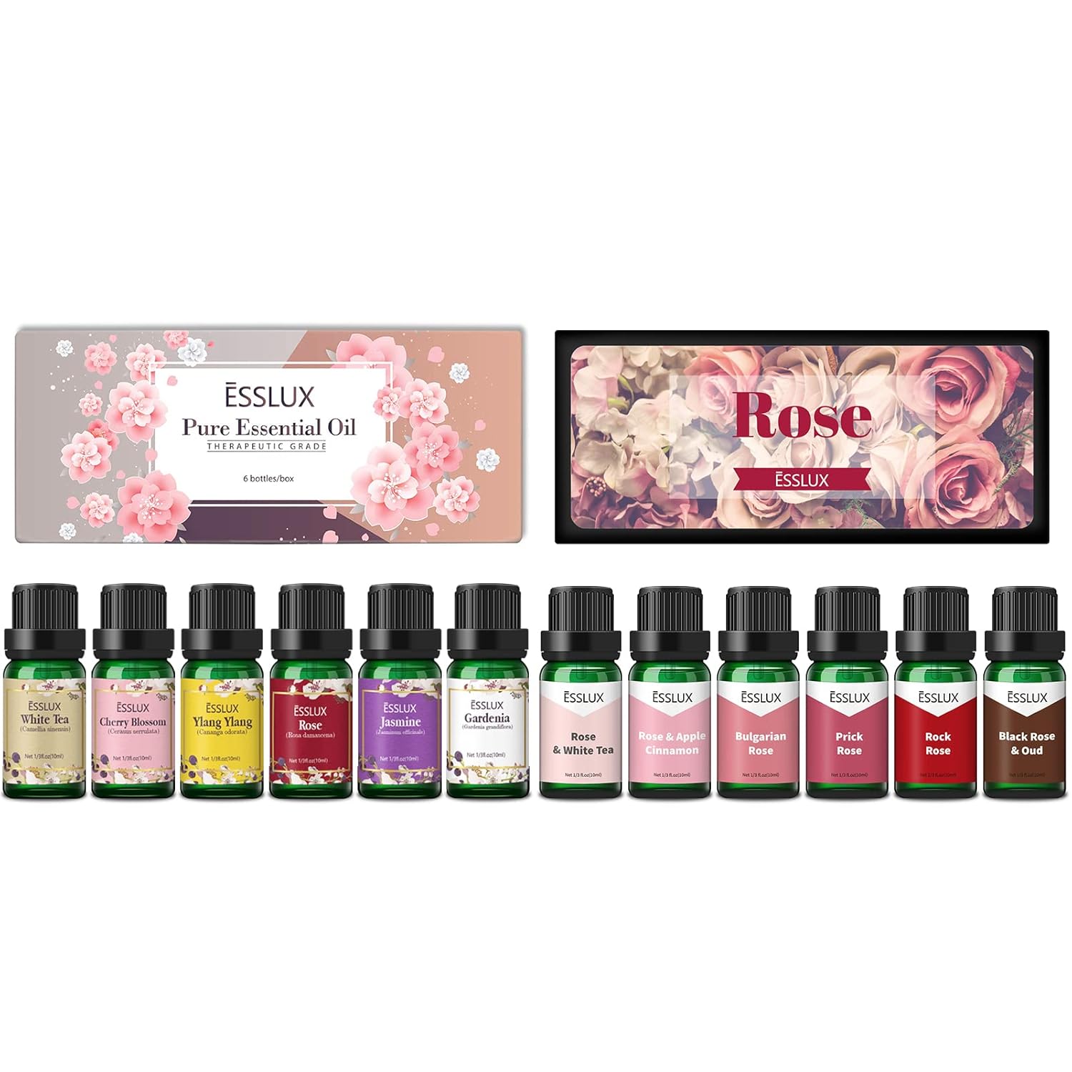 Essential Oils Set, ESSLUX Floral Collection and Rose Collection, Pure Fragrance Oils for Diffuser, Soap & Candles Making