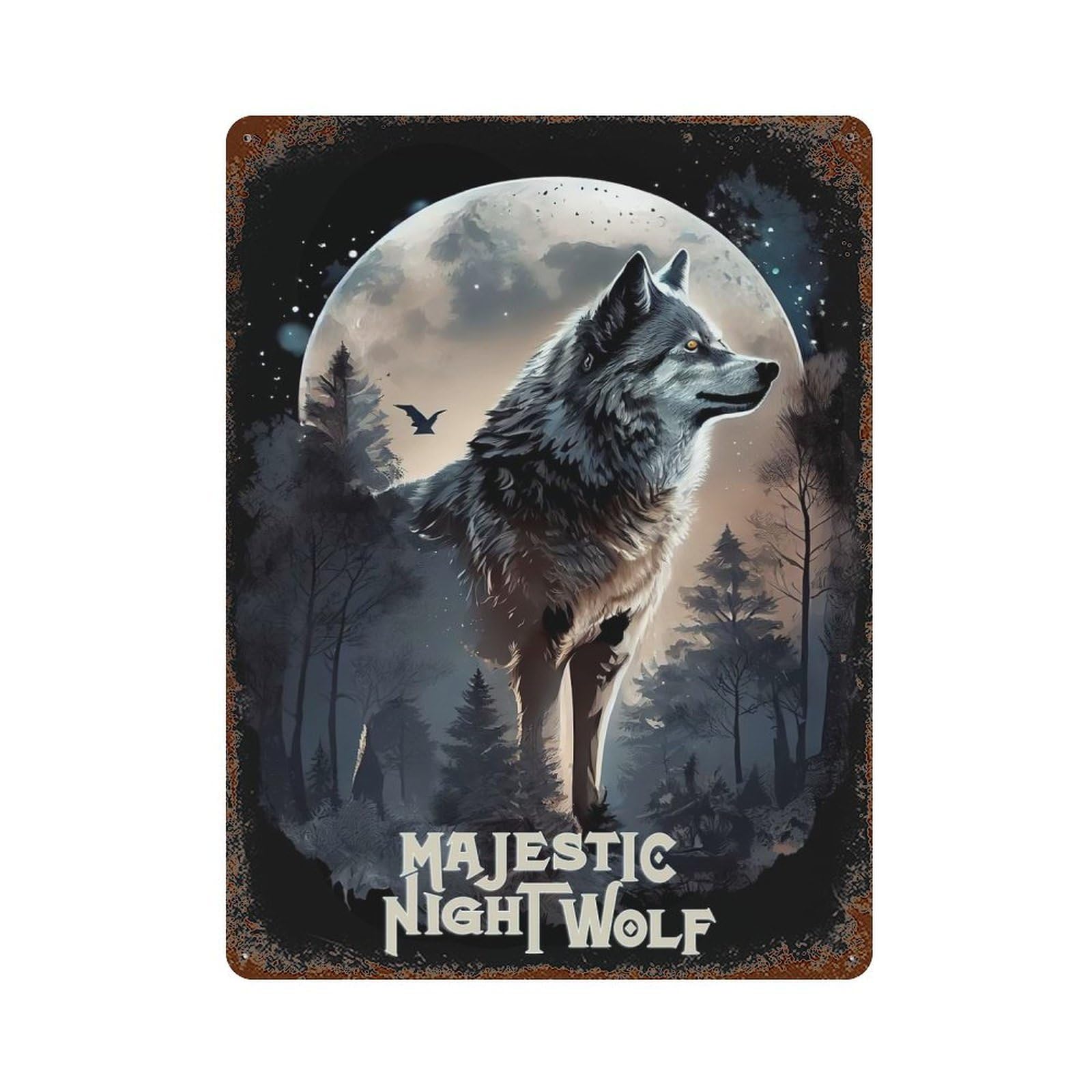 Majestic Night Wolf 15.7"x11.8" Vintage Metal Tin Sign, Retro Wall Decor for Basement, Hobby Room And Garage Decor