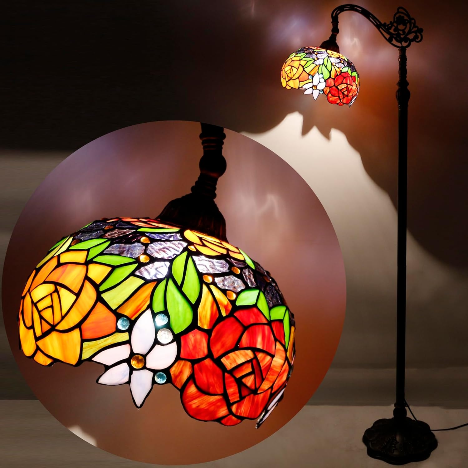 WERFACTORY Tiffany Floor Lamp Red Rose Flower Stained Glass Arched Lamp 10X18X64 Inches Gooseneck Adjustable Corner Standing Reading Light Decor Bedroom Living Room S001 Series