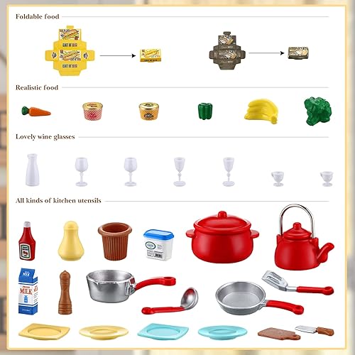 Miniatura 3 de Juego de 43 piezas de muebles de casa de muñecas, juego de cocina, refrigerador en miniatura con mini ollas y sartenes para alimentos, accesorios de
