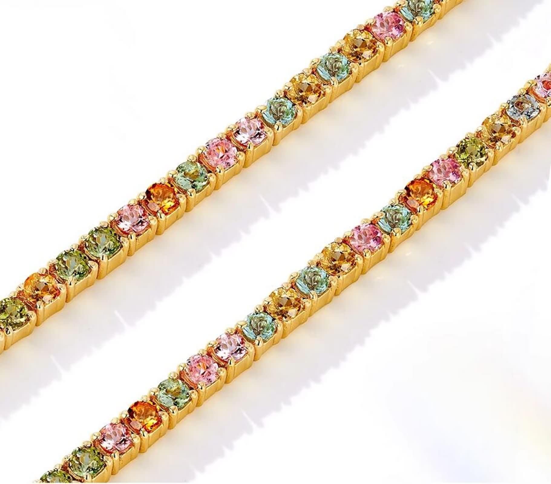Pulseras de Mujer de Oro Amarillo 9K / 14K / 18K, Redondo con Turmalina Multicolor de 3,3 ct, Cadena Extensible 16 CM + 5 CM, Pulseras de Mujer de Oro Colorido