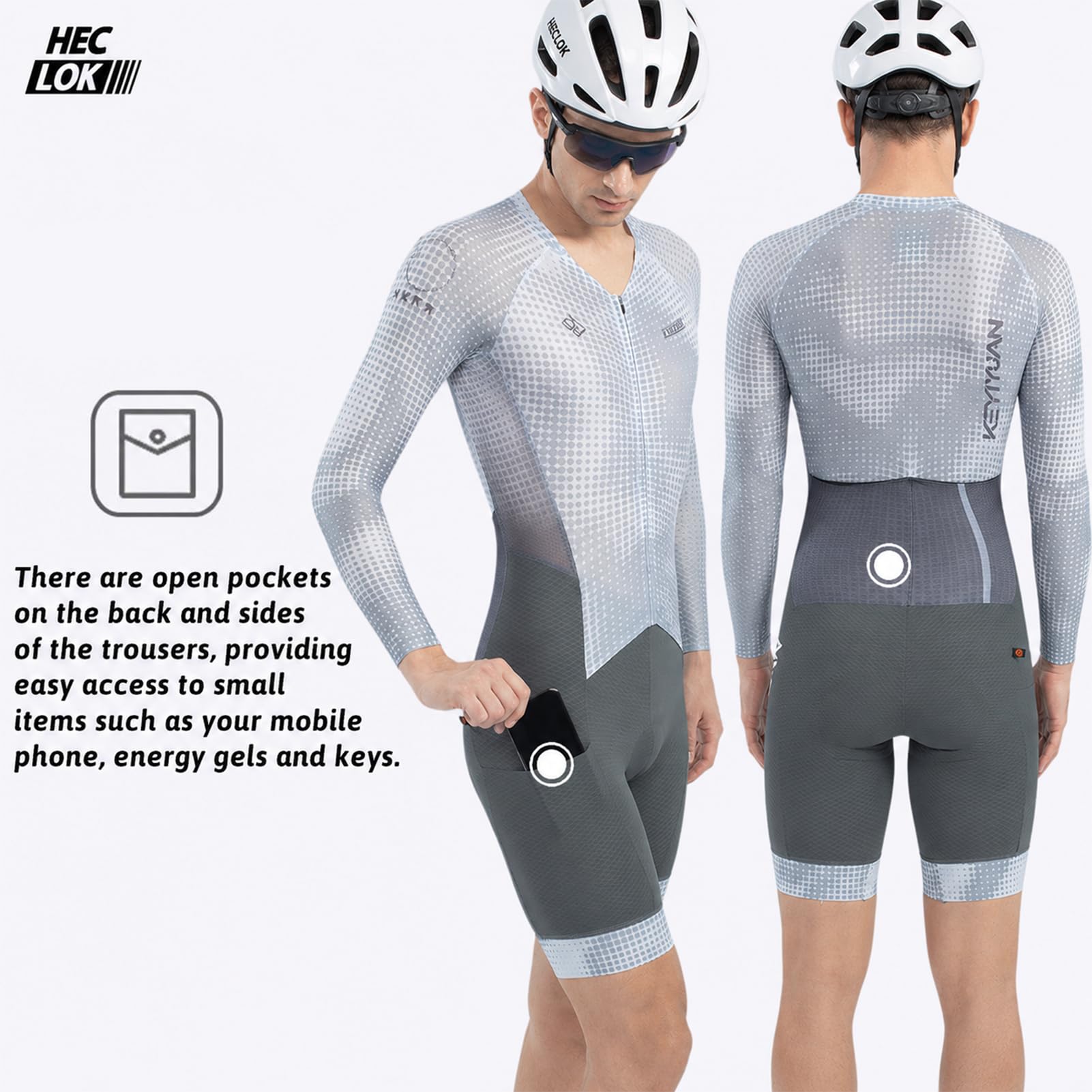 Tuta Ciclismo Uomo Manica Lunga – Aero, Fondello Alta Densità | Traspirante, asciugatura rapida, 3 tasche posteriori, UPF 50+, protezione UV, per ciclismo su strada & triathlon