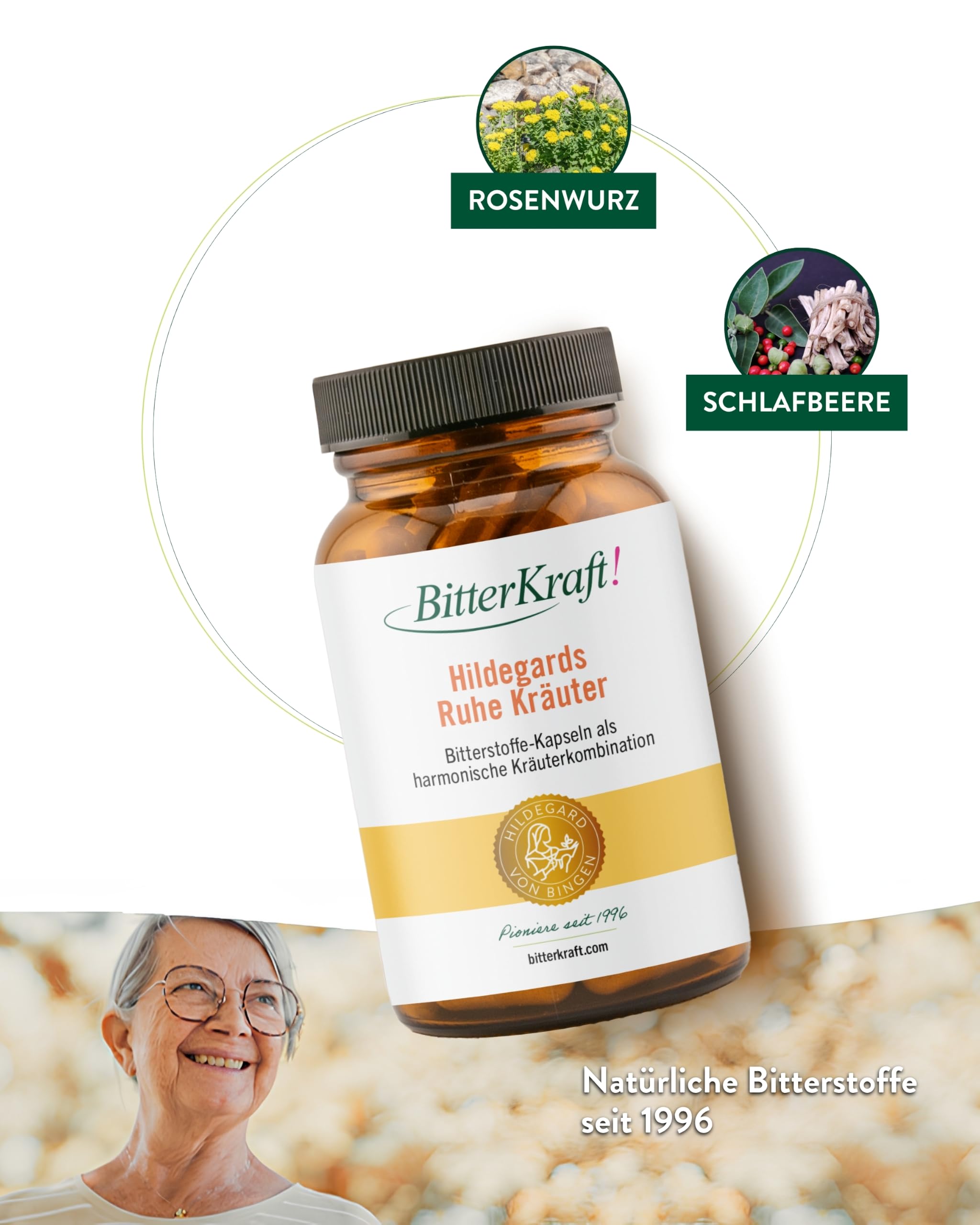 BitterKraft! Hildegards Ruhe-Kräuter 120  Kapseln – mit Bio Ashwaghanda, Rosenwurz-Extrakt, B2, B6 & B12 – inspiriert von Hildegard von Bingen – ohne Zusatzstoffe - 100 % Natur – Made in Germany