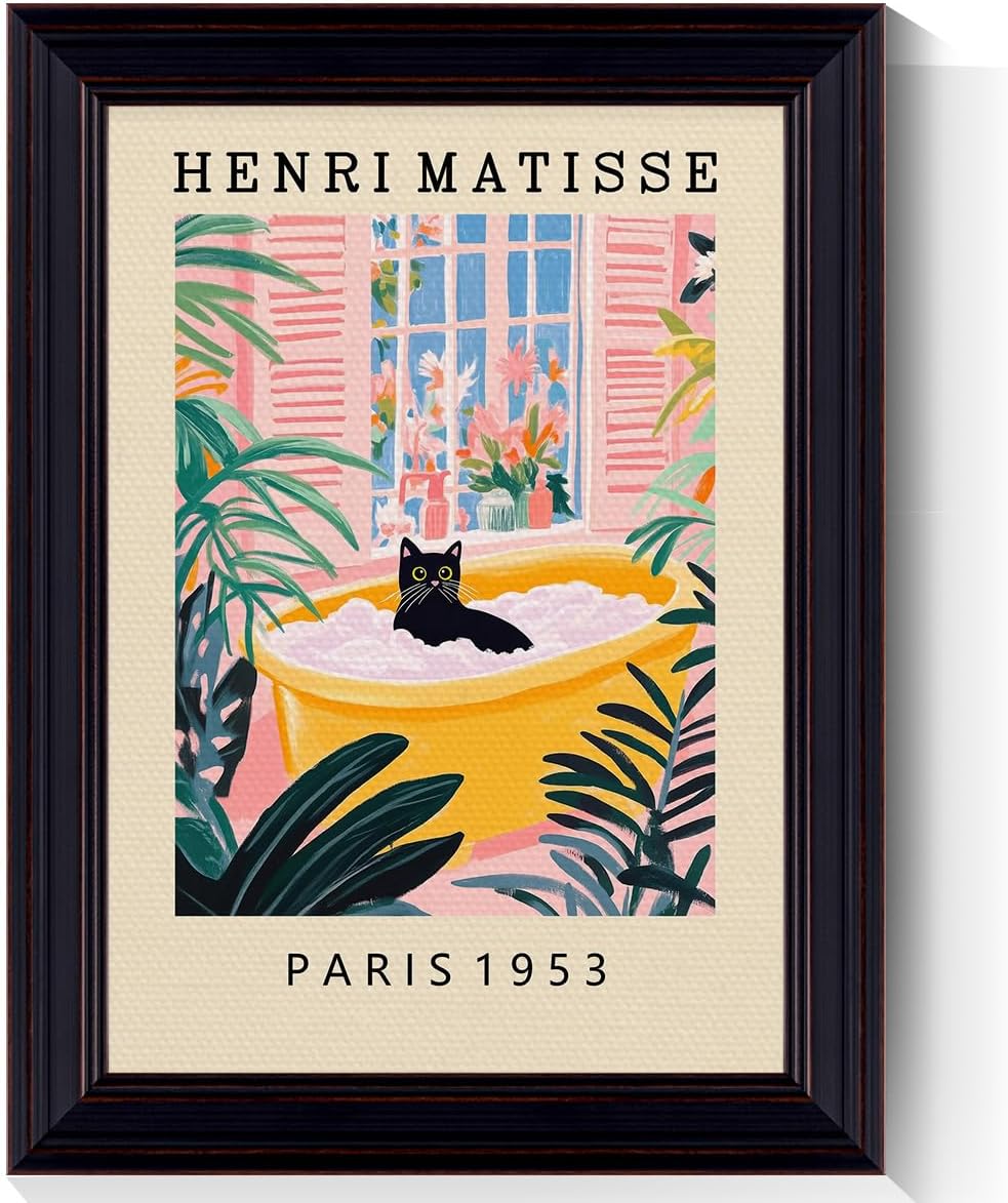 Vintage Henri Matisse Canvas Wall Art, Funny Black Cat Bathroom Poster, Cute Cat In Bathtub Print, Pink Green Dopamine Bathroom Wall Decor, Tropical Botanical Floral Picture 12x16in Framed