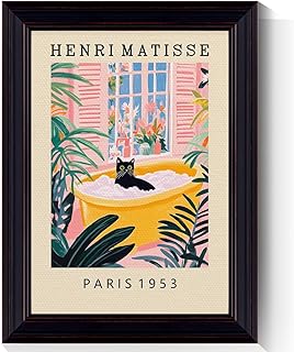 Vintage Henri Matisse Canvas Wall Art, Funny Black Cat Bathroom Poster, Cute Cat In Bathtub Print, Pink Green Dopamine Bathroom Wall Decor, Tropical Botanical Floral Picture 8x10in Framed