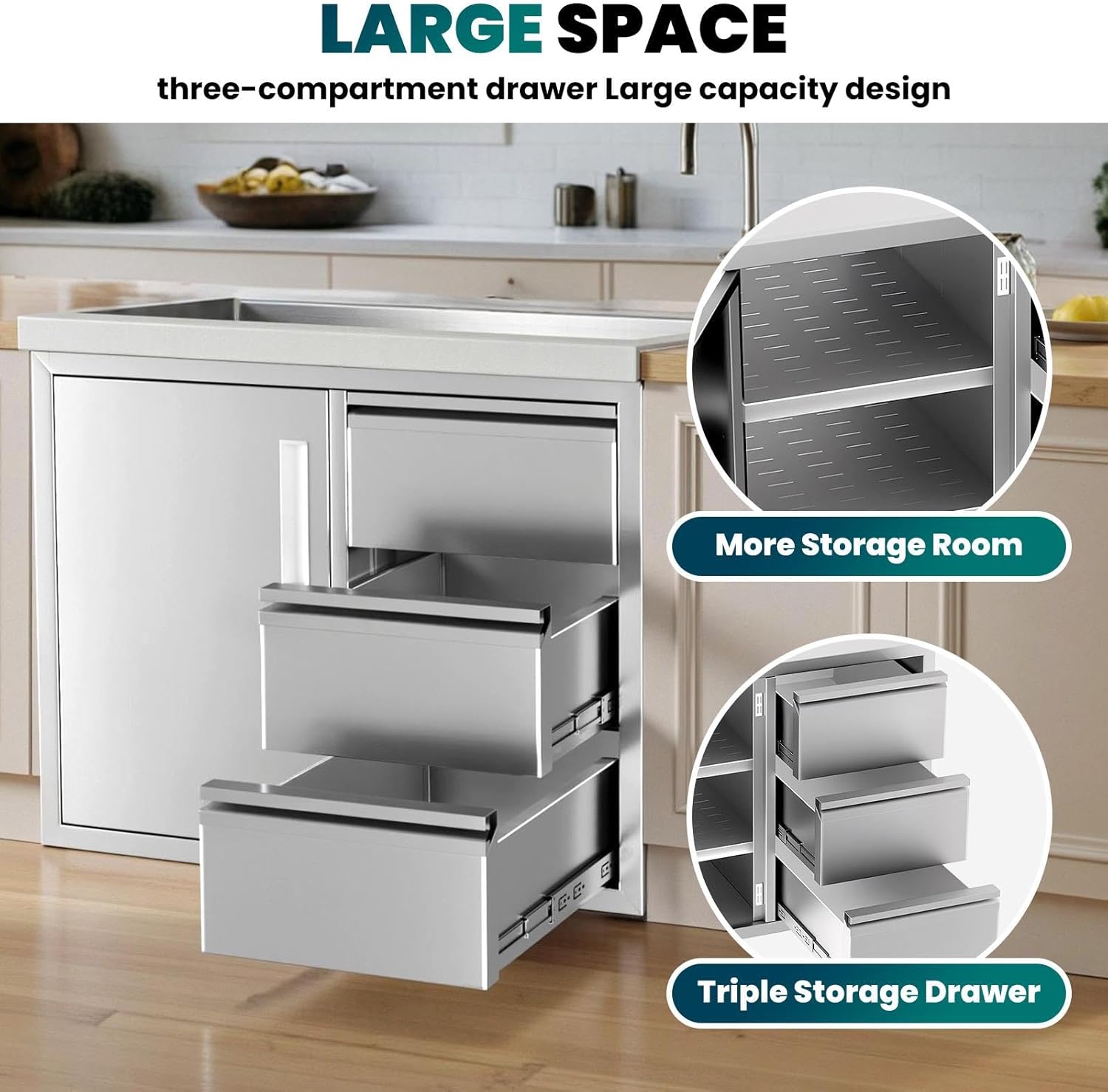 Outdoor Kitchen Drawer Combo,Multi-Layer Design Access Door and Triple Drawers Combo Stainless Steel with Partition, Outdoor Kitchen Storage Cabinets for Outdoor Kitchen Island Patio Grill Station