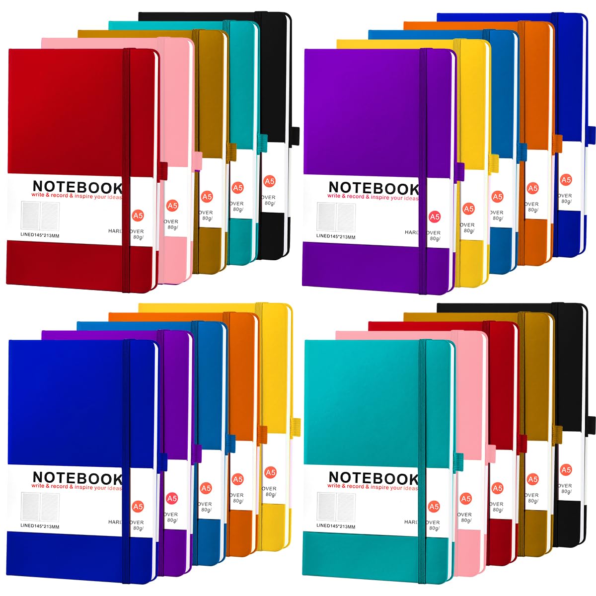 Lot de 20 carnets de notes A5, 14,7 x 21,3 cm, couverture rigide, 200 pages/100 feuilles lignées pour l'écriture, le travail, les voyages, 10 couleurs