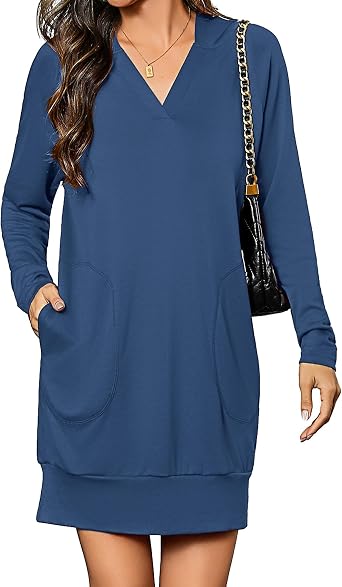Totatuit Women Oversized Hoodies Dress Casual Long Sleeve V-Neck Hooded Sweatshirt Dress with Pockets 2025 Fall Outfits