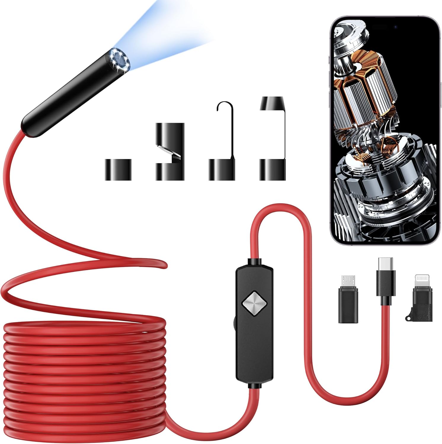 Endoscope with Light, 1920P HD Borescope with 8 Adjustable LED Lights, 32.8FT Semi-Rigid Snake Camera, IP67 Waterproof Inspection Tool for iPhone & Android - Single Lens (Red)