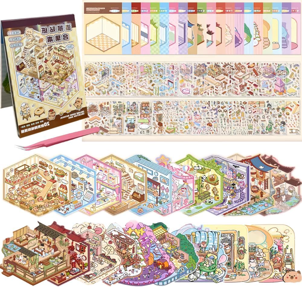20 Sets DIY 3D House Stickers Kit Non-Toxic & Safe 3D Miniature Scene Therapy for Kids and Adults Stress Relief Sticker Scenes with Tweezers