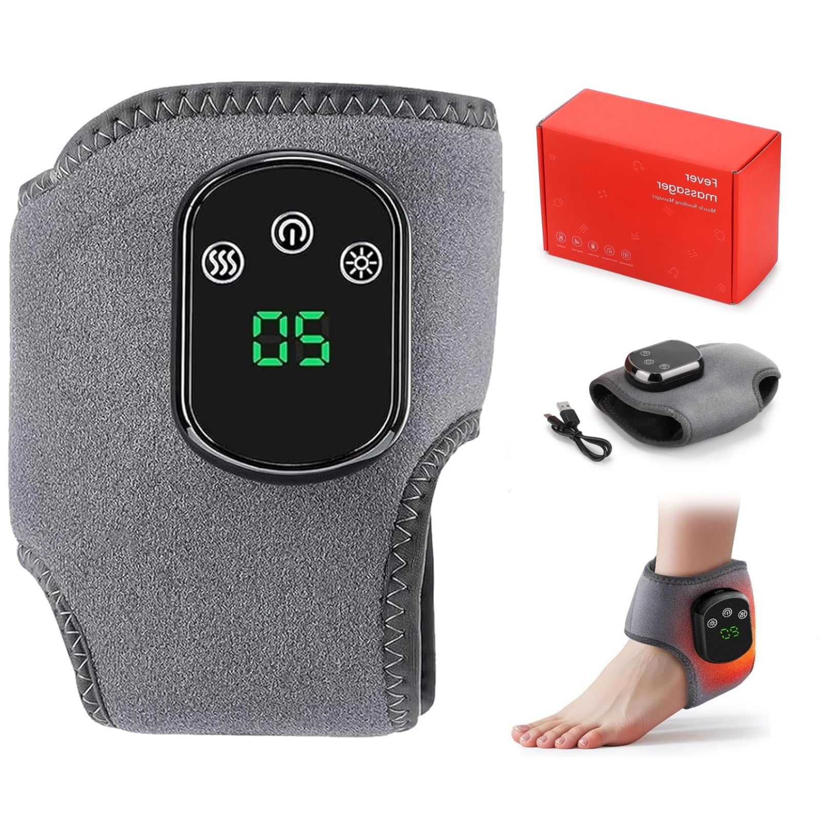 Foot Renew Triple Method Massager, USB Rechargeable 3 in 1 Foot Massager, Ankle Heat Wrap Wireless Portable with 3 Vibration Mode, 5 Heat Leavel for Home Office Travel (Grey-1PC)-image-3