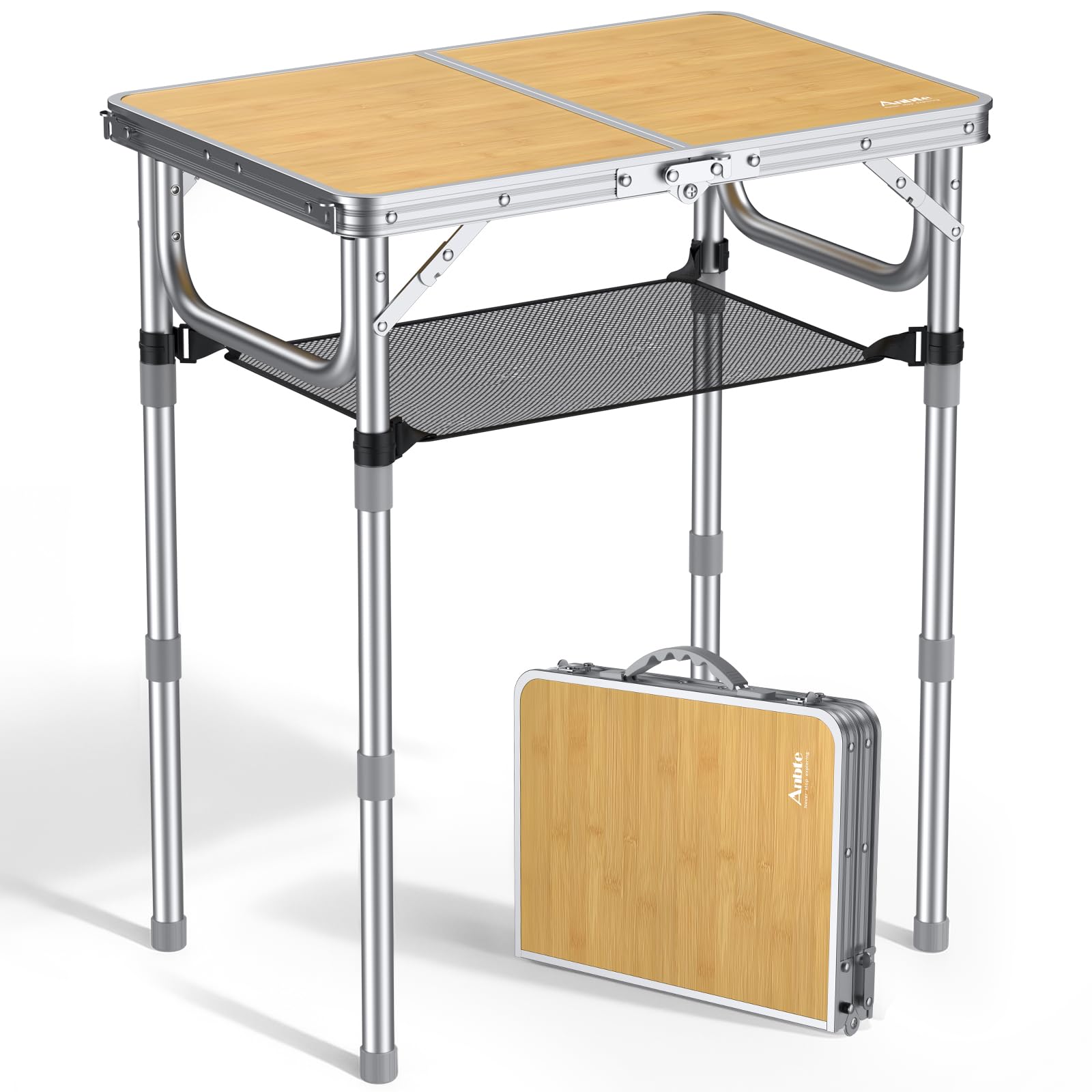 Anbte 2ft Camping Table Foldable, 3 Adjustable Heights High 27.5" Aluminum Small folding table with Carrying Handle, Portable, for Outdoor Indoor Picnic Beach BBQ Travel, 24" x 16", Light Oak Grain — image 1