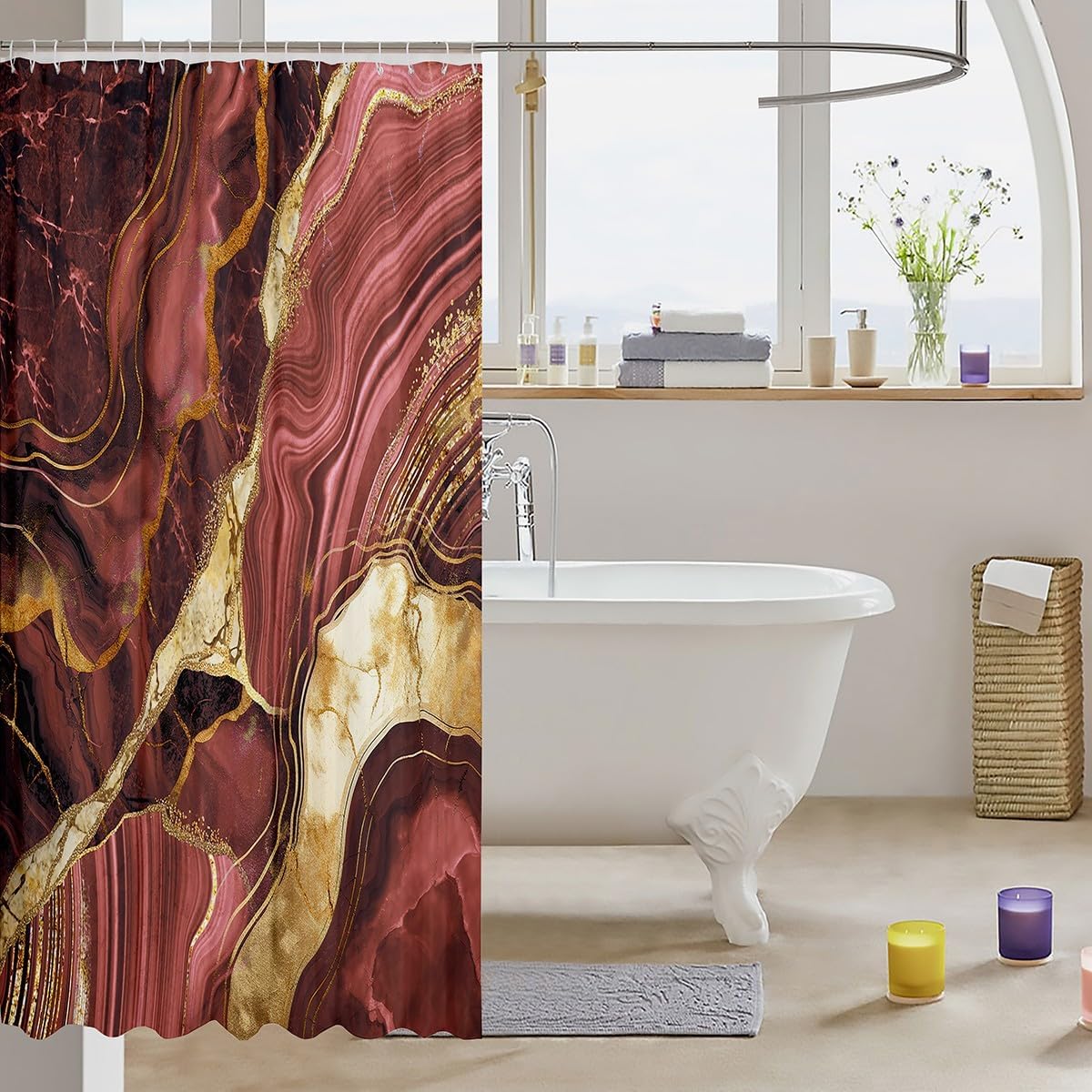 Erosebridal Brown Marble Shower Curtain 72" Wx84 L, Gold Crack Bathroom Shower Curtain Sets, Abstract Metallic Texture Fabric Shower Curtain, Luxury Shinny Boho Hippie Fluid Bath Curtain