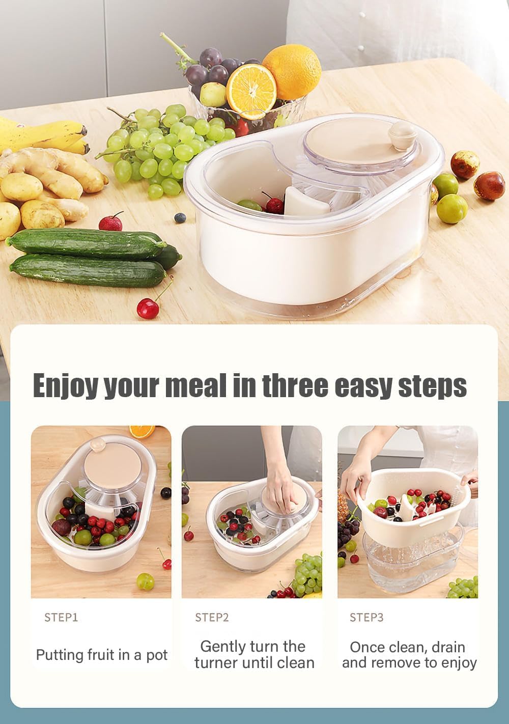 Limpiador Giratorio De Frutas Y Verduras, Lavadora Multifuncional Grande Con Cepillo Y Cuenco De Lavado Para Cocina Del Hogar (Rosa)