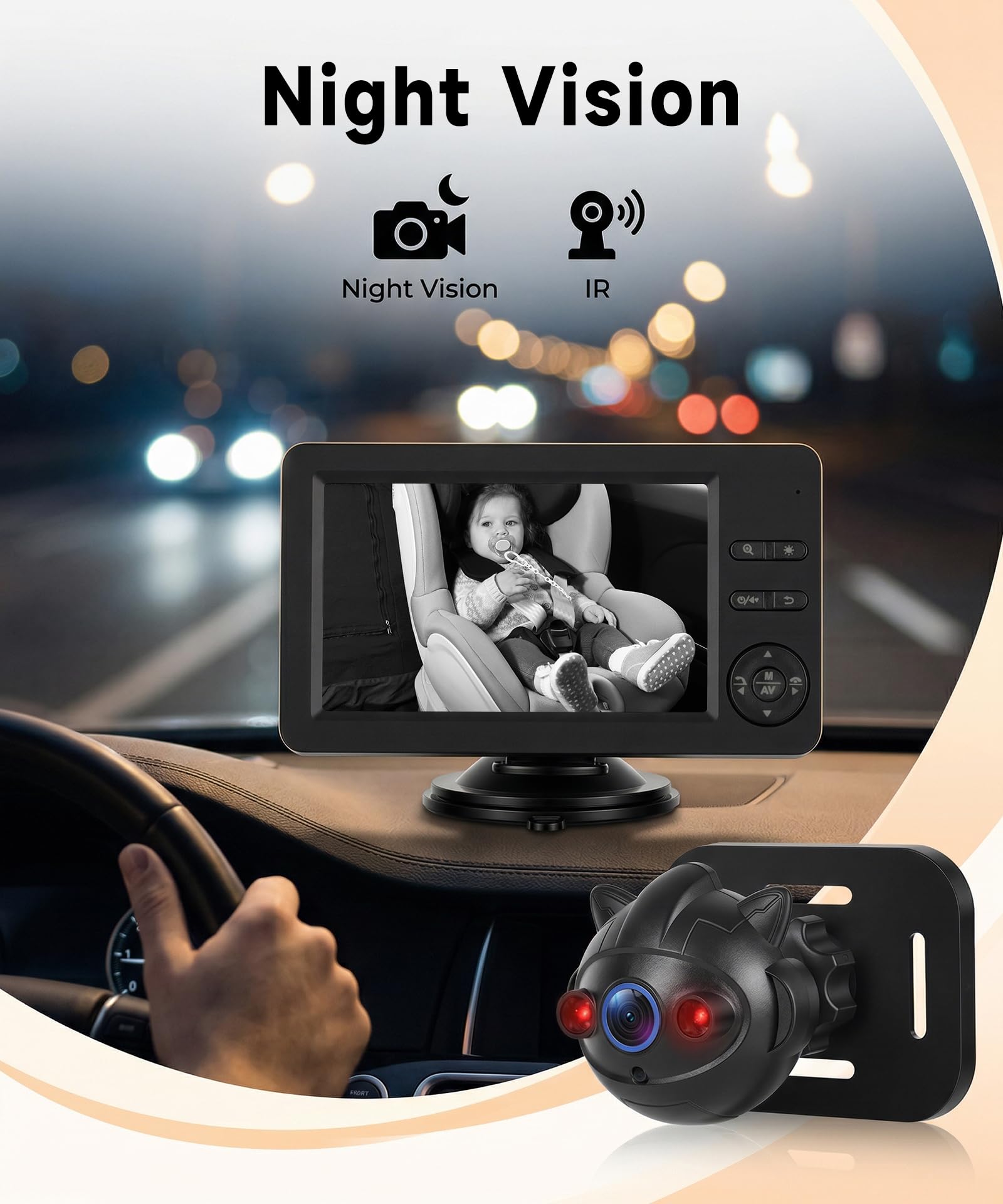 Rimoody Telecamera per Auto per Bambini per Sedile Posteriore, 4.3 Pollici Schermi, Specchio Retrovisore per Seggiolino Auto con Visione Notturna IR, Vivavoce Bluetooth & Musica, Luci a Sette Colori