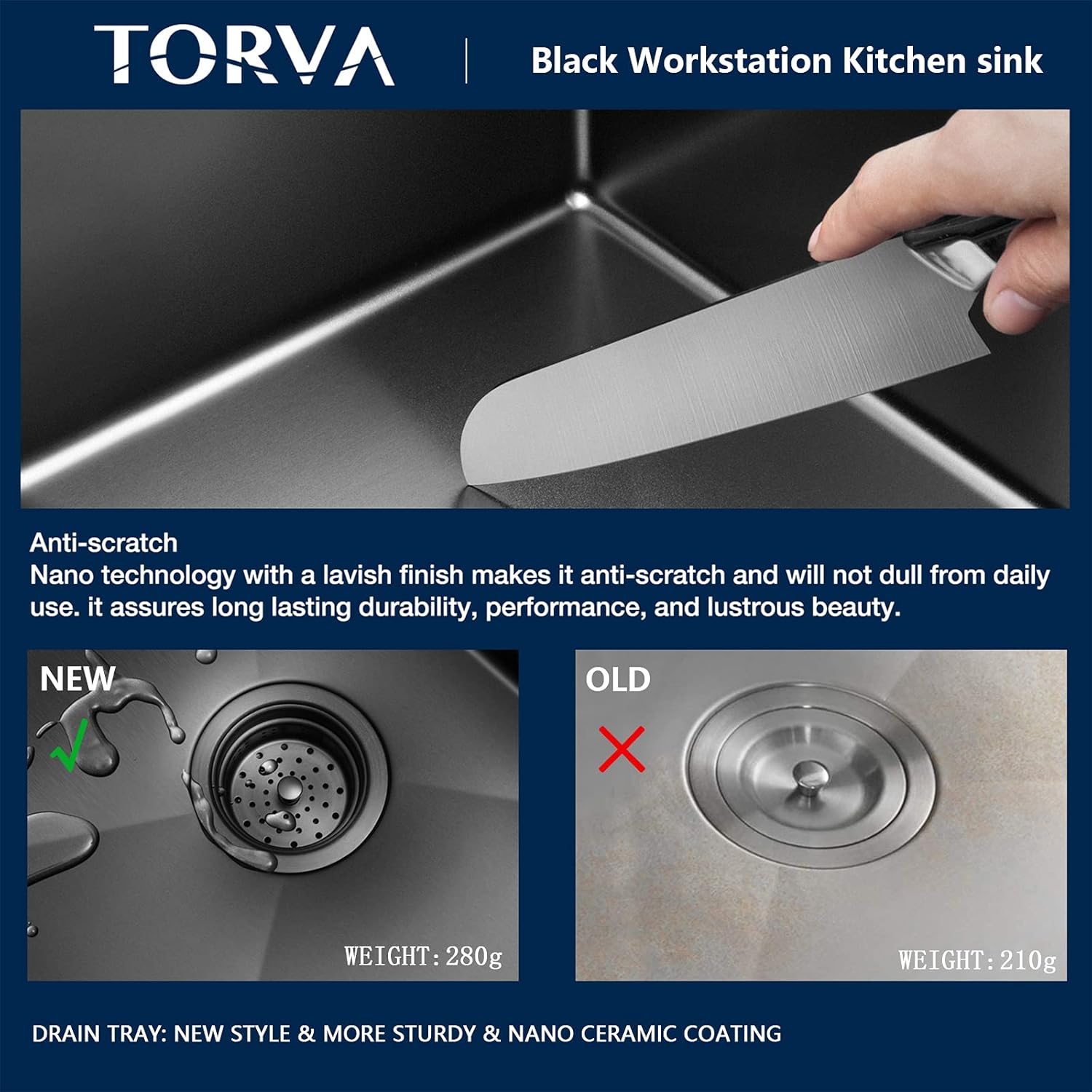TORVA 32-Inch Gloss Black Workstation Undermount Single Bowl Kitchen Sink - 16 Gauge Stainless Steel, PVD Coated Gunmetal Finish, NanoTek with Bamboo Cutting Board and Drain Tray (Dark Gray)