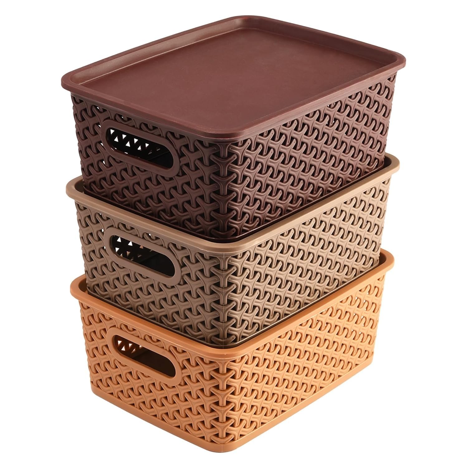 Solitaire Woven Plastic Storage Basket with Lid, Stackable Organizer Box, for Wardrobe, Kitchen, Bathroom, Pack of 3| Size: 24.5 X 19 X 10| Shape rectangle-image-42