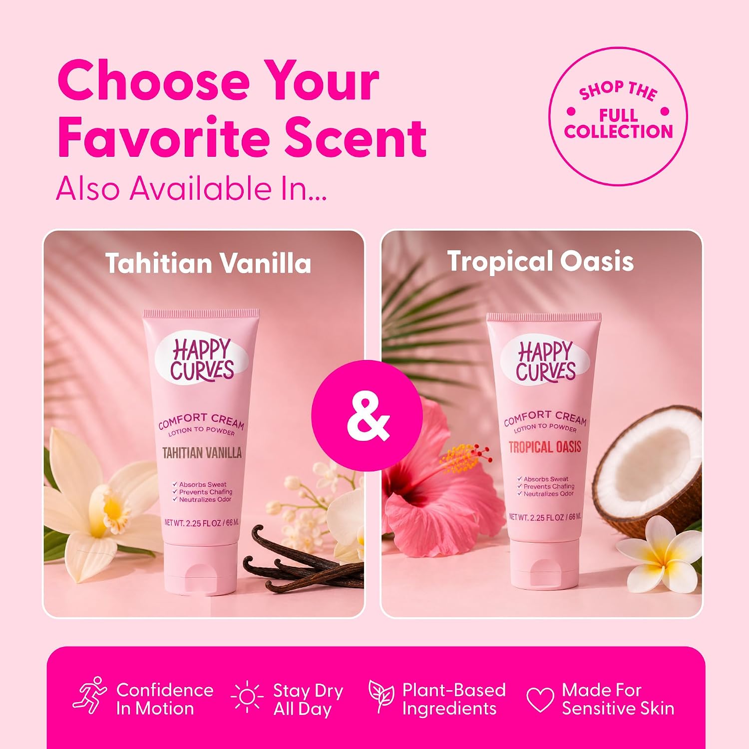 HAPPY CURVES Lotion to Powder Anti Chafing Odor Control Cream for Women: Aluminum-Free Cream for Private Parts, Under Breast, & Body 2.25 Fl Oz (1 Pack, Tahitian Vanilla)