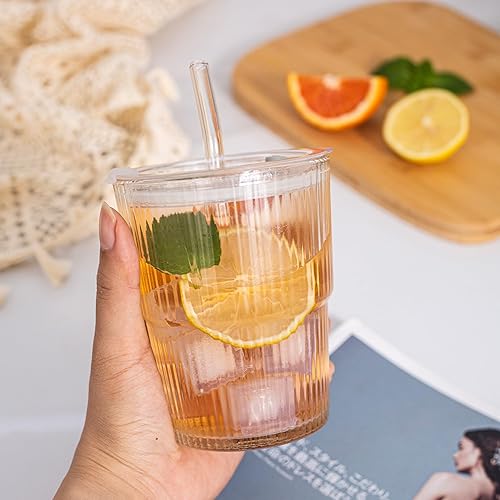 Miniatura 3 de Vaso de vidrio para café helado de 13 onzas13.5 fl oz, taza de vidrio de agua de pared gruesa, taza de té con popote y tapa sellada para llevar