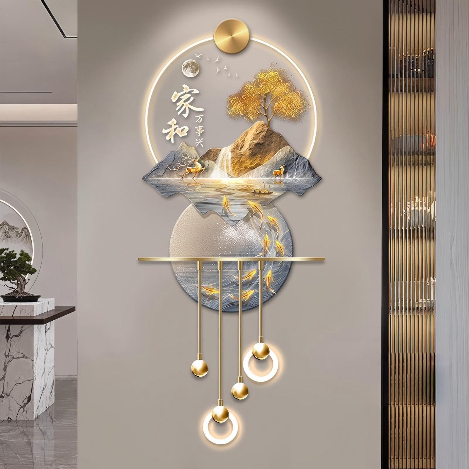Wandlichtskulpturen 3D-Wandkunstdekor, 3D-Wandskulpturen, Feng Shui-Wandkunst mit LED-Licht, hängende Gemälde, dekorative Wandlampe, orientalische Dekoration