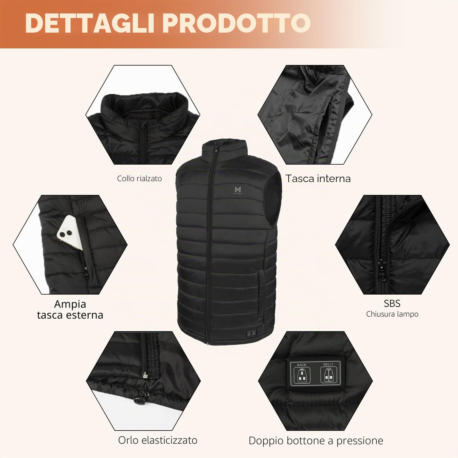 Gilet riscaldato, leggero, elettrico, riscaldato, per uomo e donna, 6 zone di riscaldamento 3