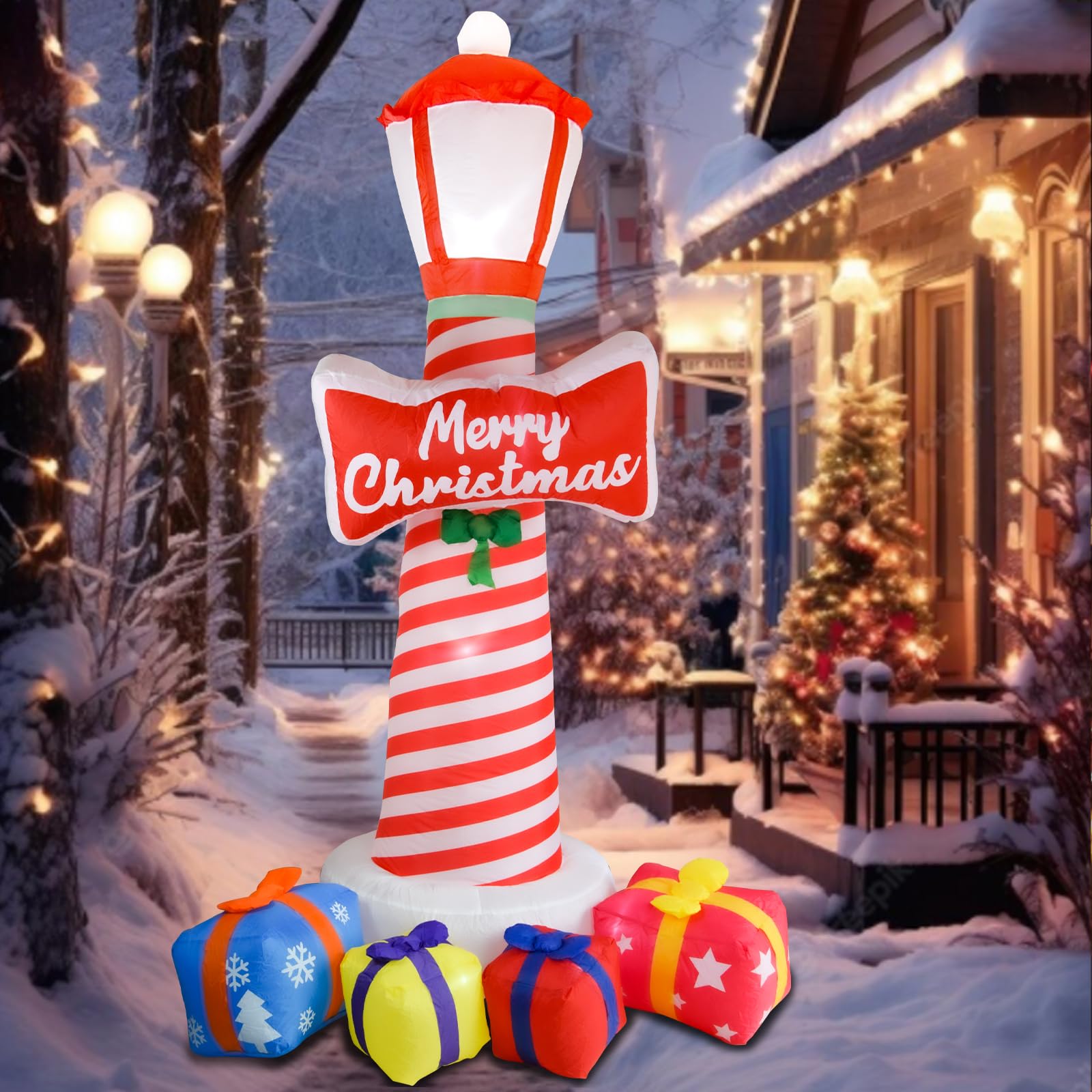 Phare de Noël gonflable de 8,1 pieds avec boîtes cadeaux, décorations de cour de Noël gonflables, avec lumières LED pour décoration de pelouse de vacances