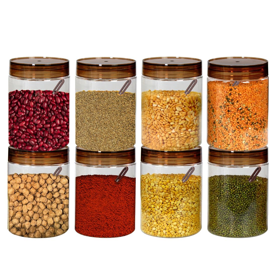 PEARLPET Plastic Containers for Kitchen Storage | Plastic Container Set with Spoon | BPA-Free, Stackable Jars | Brown, 1000ml (Set of 8)