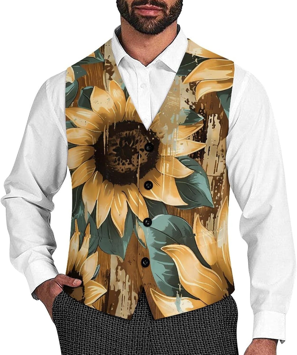Sunflower Vintage Wood Novelty Men's Suit Vest Casual Formal Dress Vests Business Waistcoat