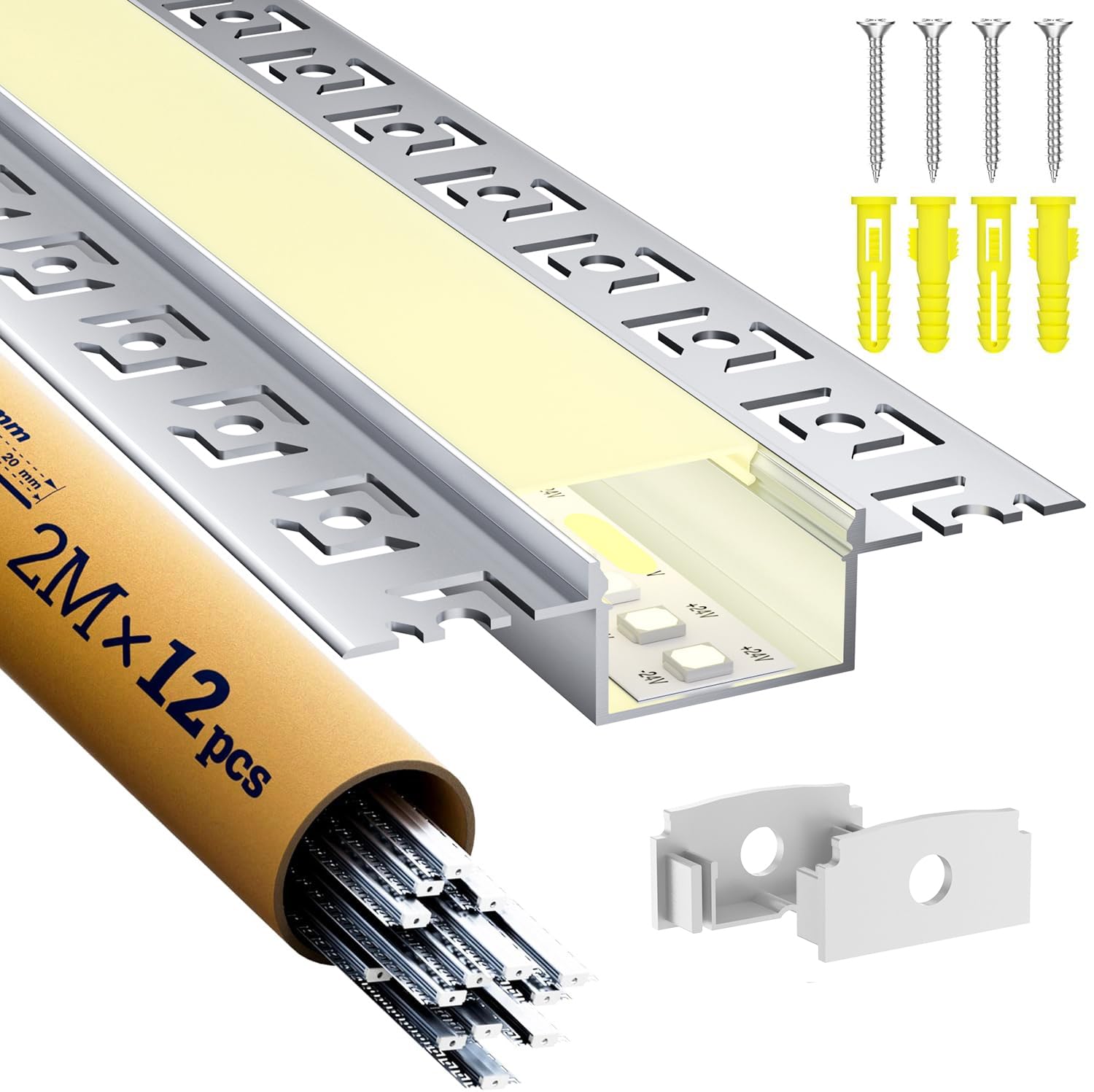 Profilé LED Encastrable pour Placo 2m × 12 Pièces, Profilé Aluminium 64,2×13,8mm Compatible Ruban LED ≤20mm, Rail LED avec Diffuseur, Goulotte Lumineuse pour Mur et Plafond