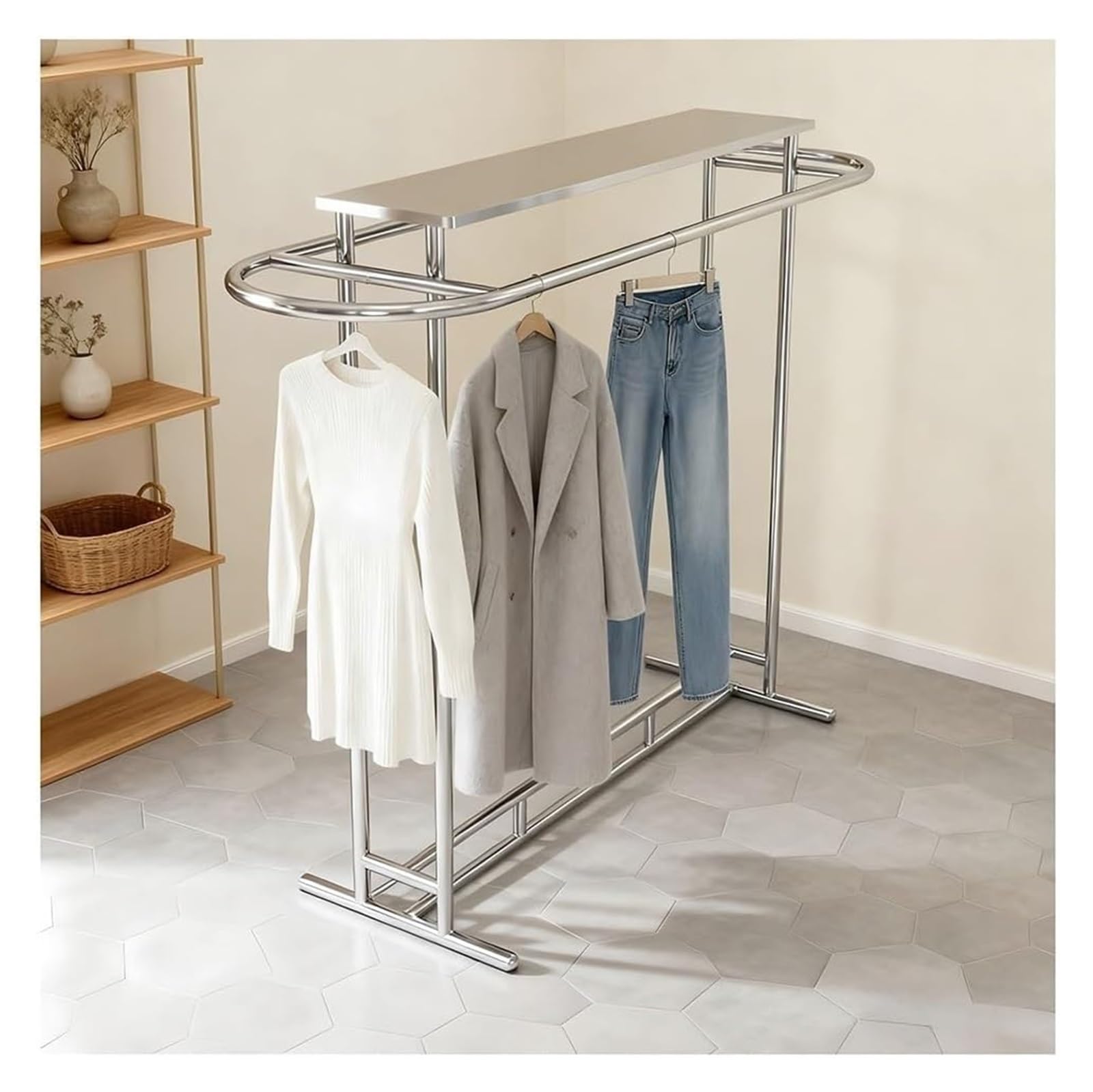 Clothes Rack Clothing Rack Stainless Steel Heavy Duty Double Rod Clothes Stand Floor-to-Ceiling Double-Row Island Rack 180x60x150 cm