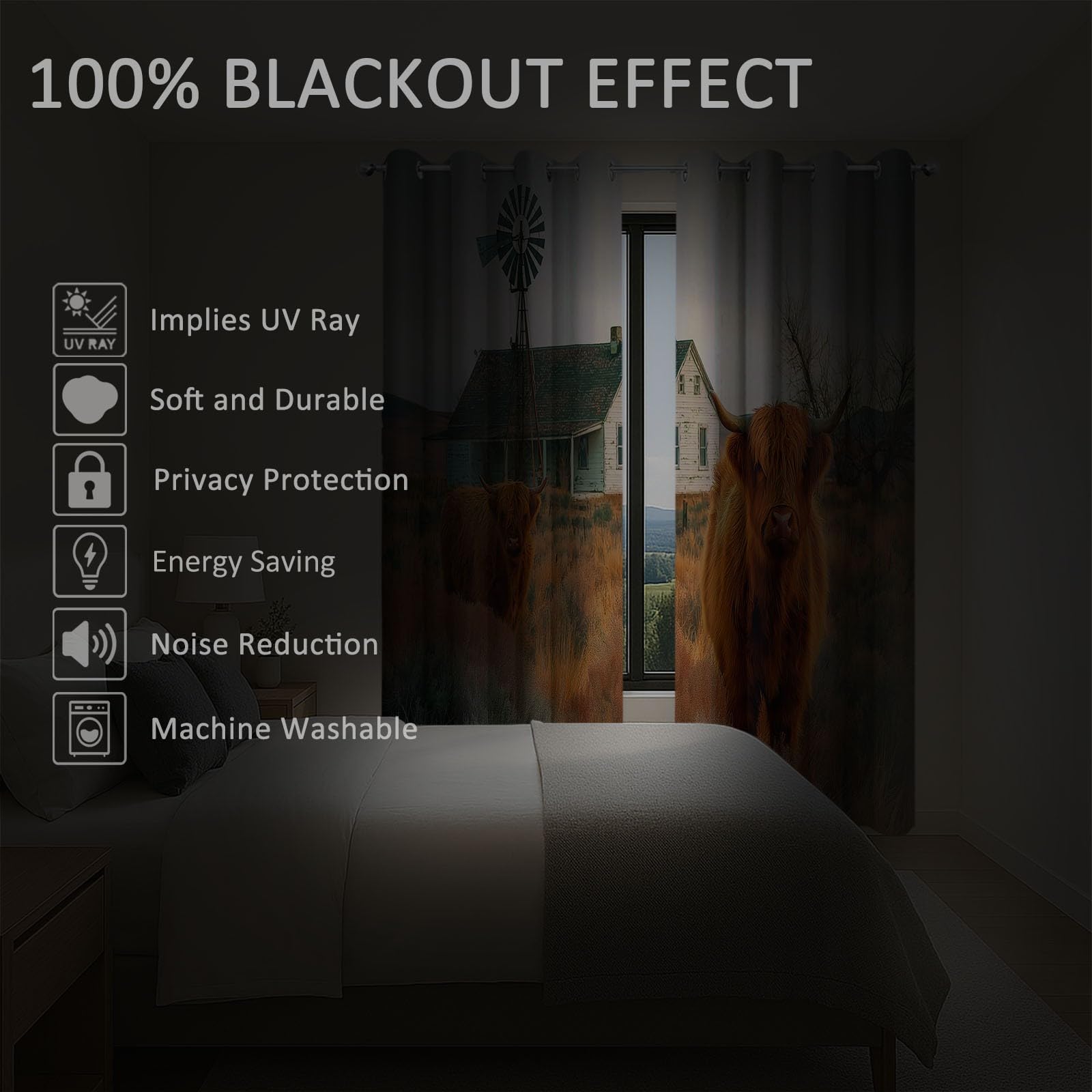 Blackout Vorhänge B200 x H178 cm Verdunkelungsvorhang mit Ösen, 3D-Druck Amerikanisches Ländliches Schottisches Vieh Vorhang Grau Weich Polyester Vorhänge für Wohnzimmer Schlafzimmer und Kinderzimmer