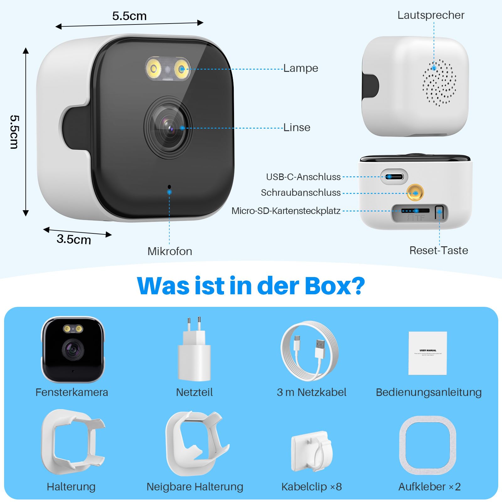 Fensterkamera Innen,2K 3MP MiNi Kamera Außen,5GHz&2,4GHz WiFi mini überwachungskamera aussen mit KI-gestützte verbesserte Farbnachtsicht, Fenster Kamera Personen-/Bewegungserkennung, 24/7-Aufzeichnung