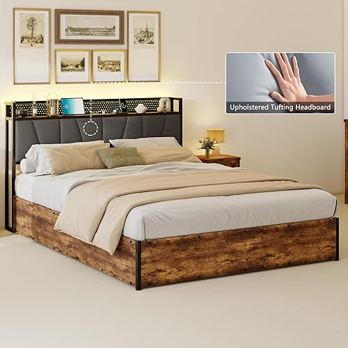 Miniatura 26 de Base de cama de almacenamiento elevable de tamaño matrimonial con luces LED, cabecera tapizada de lino con estación de carga, marco de cama de